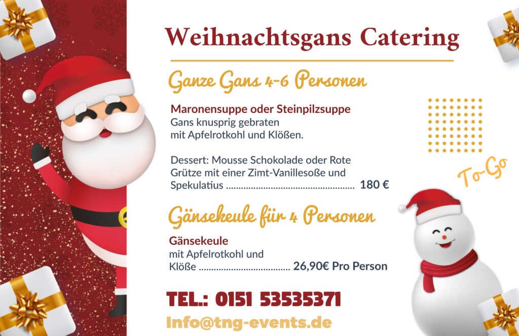 Gans zum Weihnachtlichen Anlass jetzt bestellen. Lieferung in Frankfurt möglich. Unser Cateringservice in Frankfurt ermöglicht Ihnen ein Rundum sorglos Paket. Jetzt zur Weihnachtszeit in der stressigen Phase der Besorgungen, sorgen wir für ein besinnliches Beisammensein.